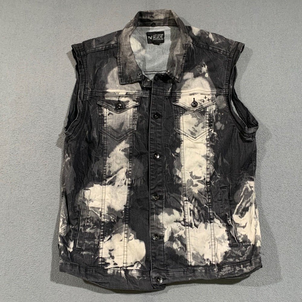 Rude Denim Vest Mens XL Black Acid Wash Bleach Splatter Punk Grunge Rocker Edgy